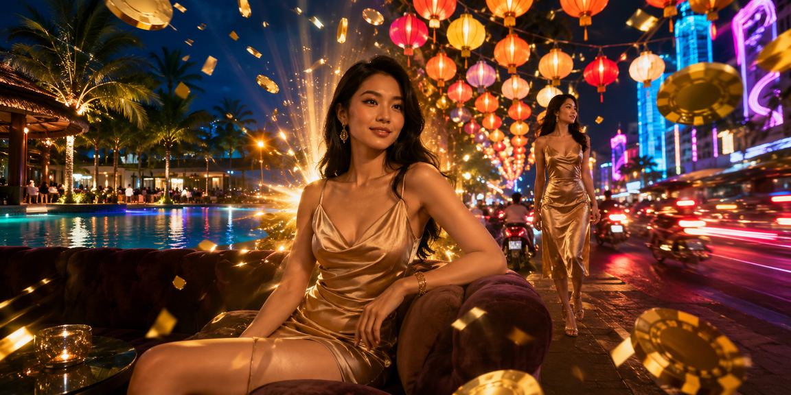Không khí giải trí sôi động tại chợ đêm Mũi Né với ánh đèn lung linh và người chơi trực tuyến